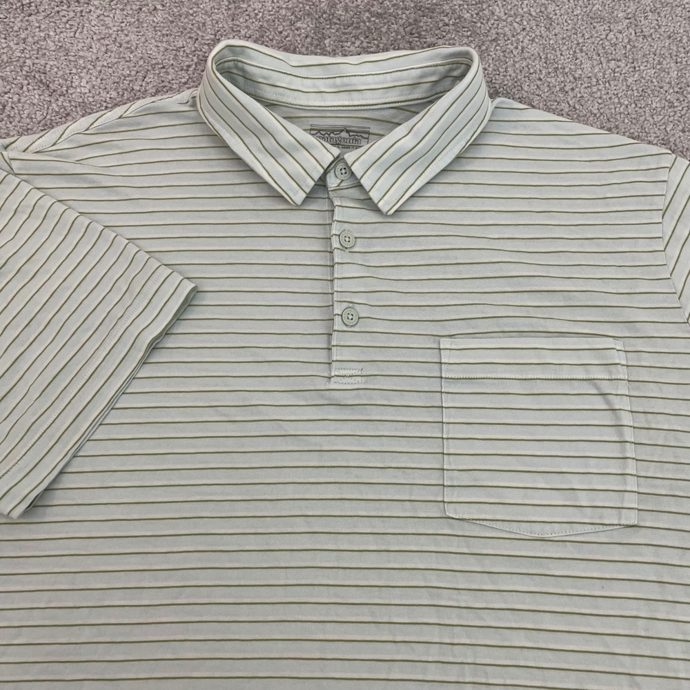 Patagonia Polo Shirt Mens Large Green Striped Organic Cotton Pocket Short Sleeve